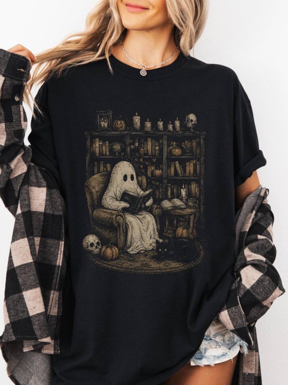 Retro Ghost Reading Shirt Comfort Colors Vintage Halloween Book Lover Tee